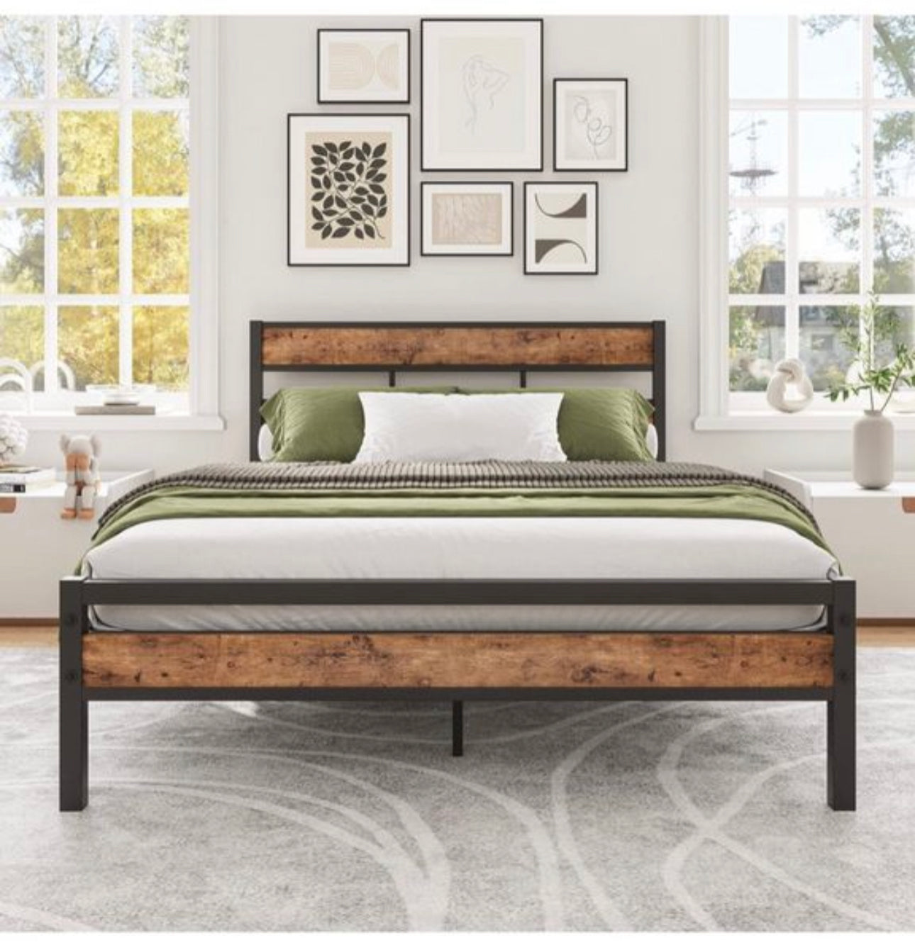 Double Bed Frame with Wood Headboard