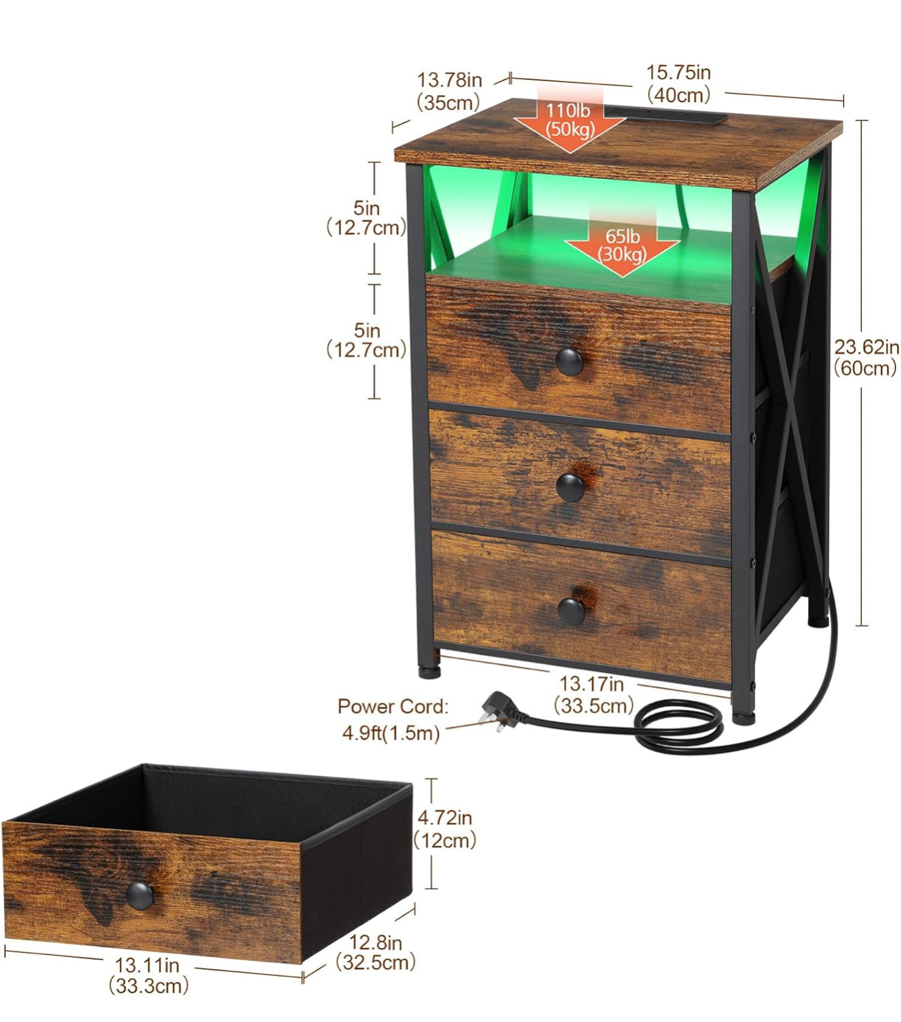 Bedside Table Set of 2 with Charging Station, Side Table with Led Lights