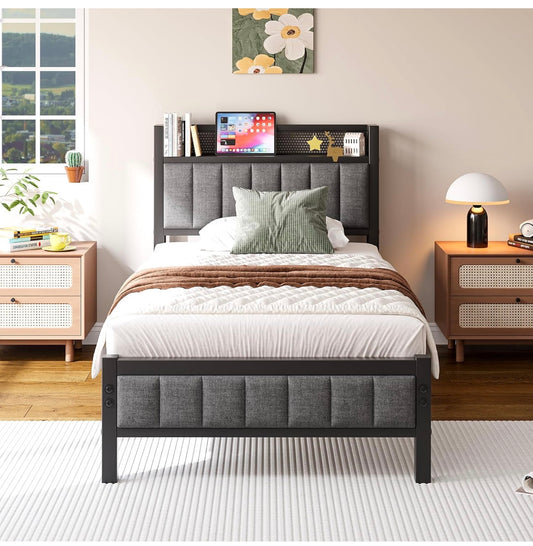 3ft Single Bed Frame With Storage Headboard, Upholstered Platform Bed Frame/Mattress Foundation/Metal Slat Support/No Box Spring Needed/Dark Grey bed frames single