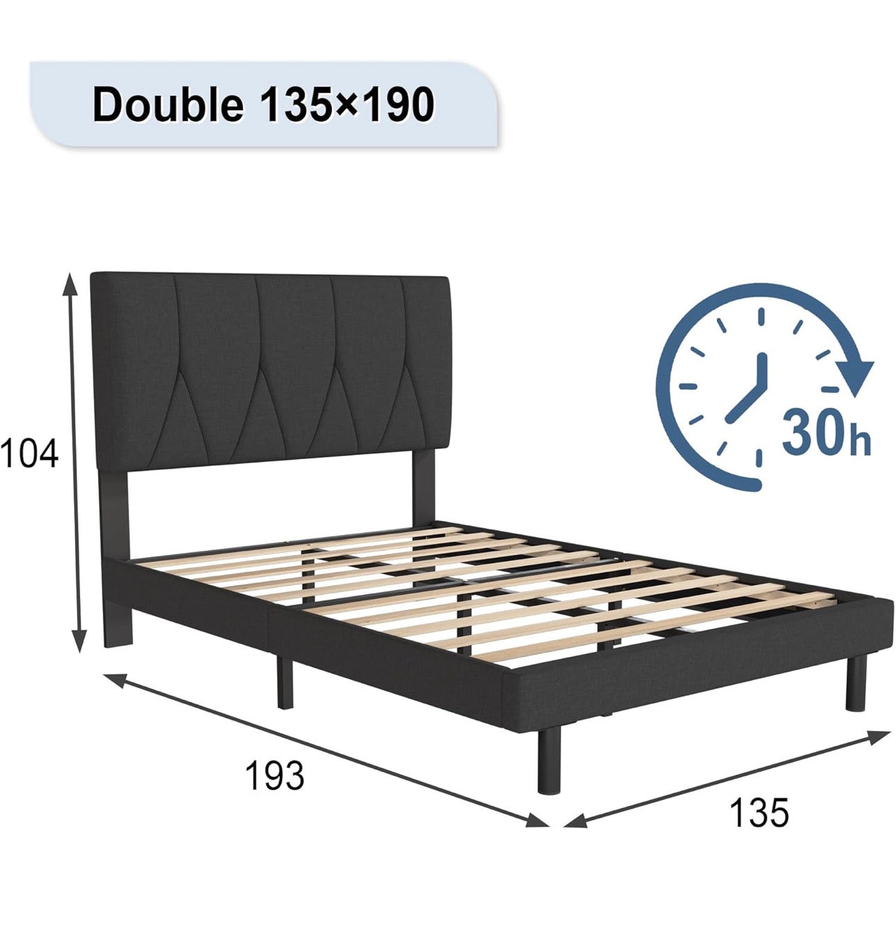 Double Bed Frame, Black, Upholstered Wooden Slat Bed Frame with Headboard