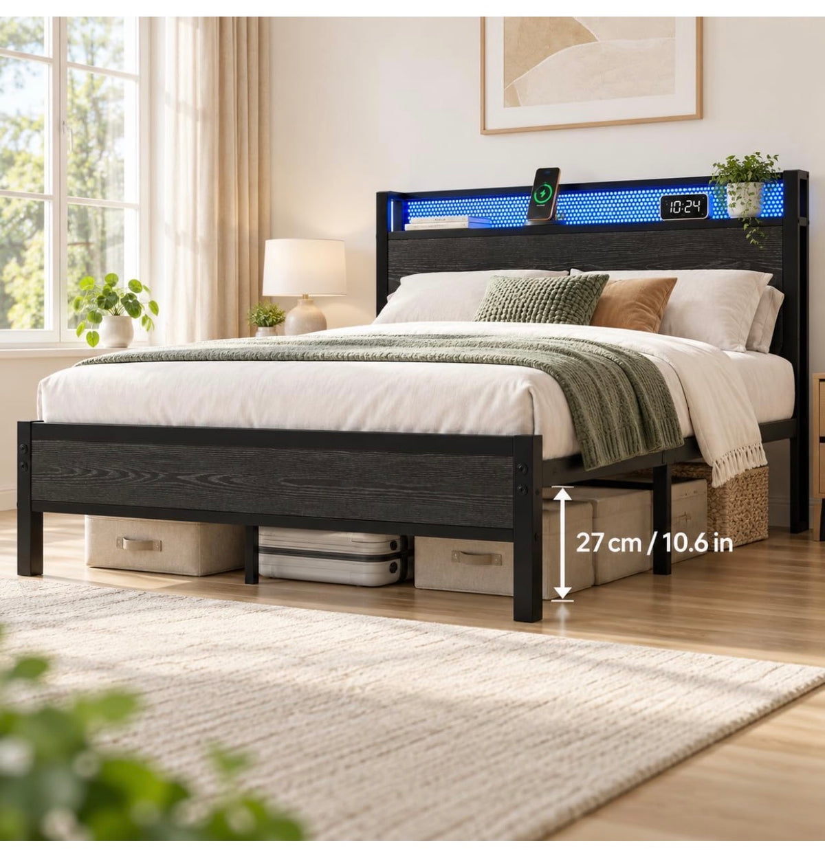 Double Bed Frame with LED Lights Storage Headboard,4ft6 Metal Bed Frame Double Bed with Charging Station,Strong Steel Slats Support,Underbed Storage,Noise Free,Black Bed 135x190cm