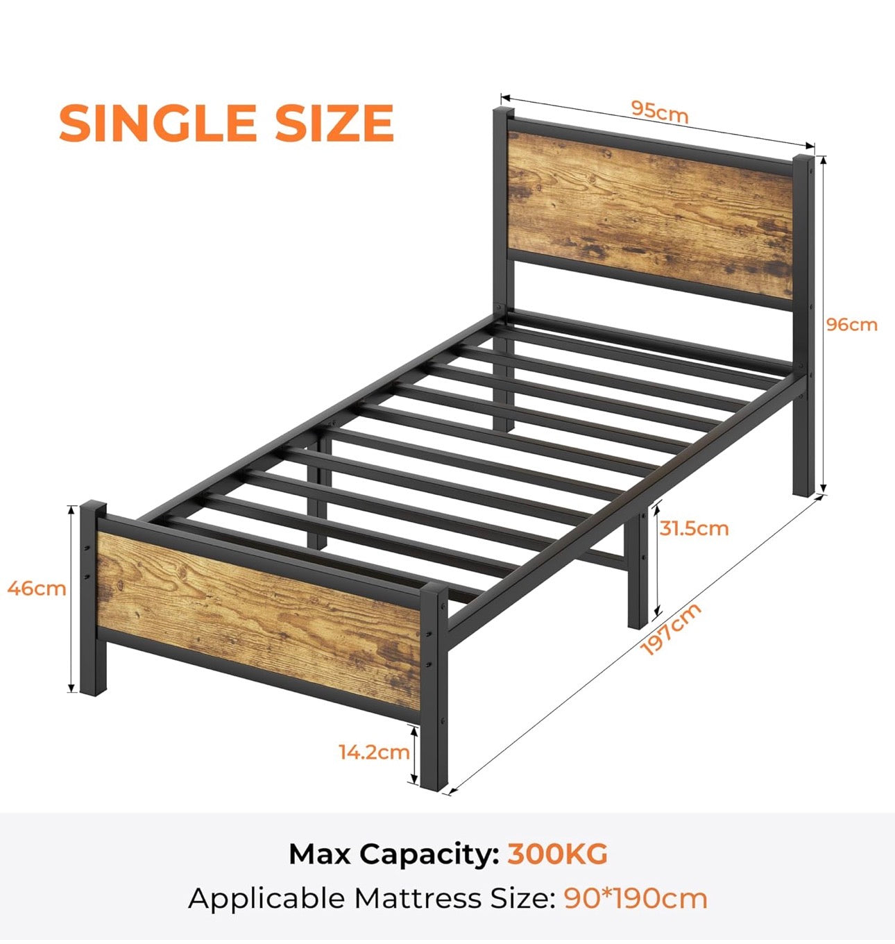 Single Bed Frame with Wooden Headboard
