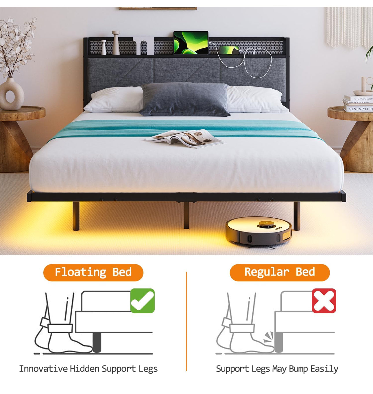 Floating Double Bed Frame with LED Lights & USB Charging Station, 135x190cm
