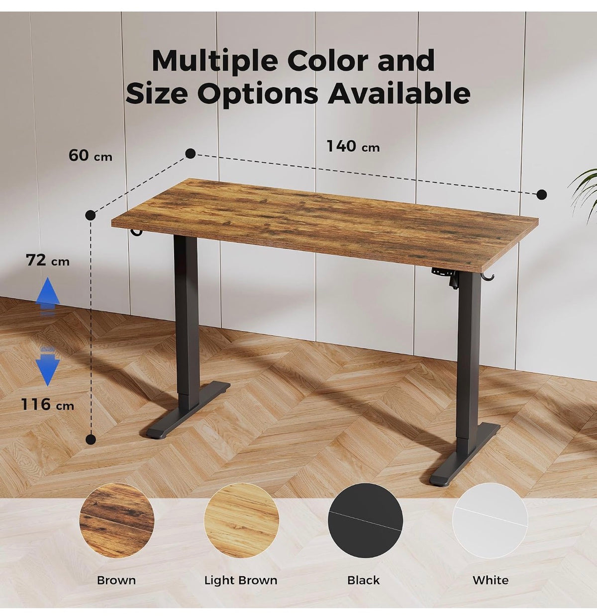 Electric Standing Desk, 2 Memory Buttons, 140x60cm
Height Adjustable Desk for smart Pannel, 72-116cm, Sit Stand Desk with 2 Hooks, Home Office Desk, 2 pcs Desktops, Brown