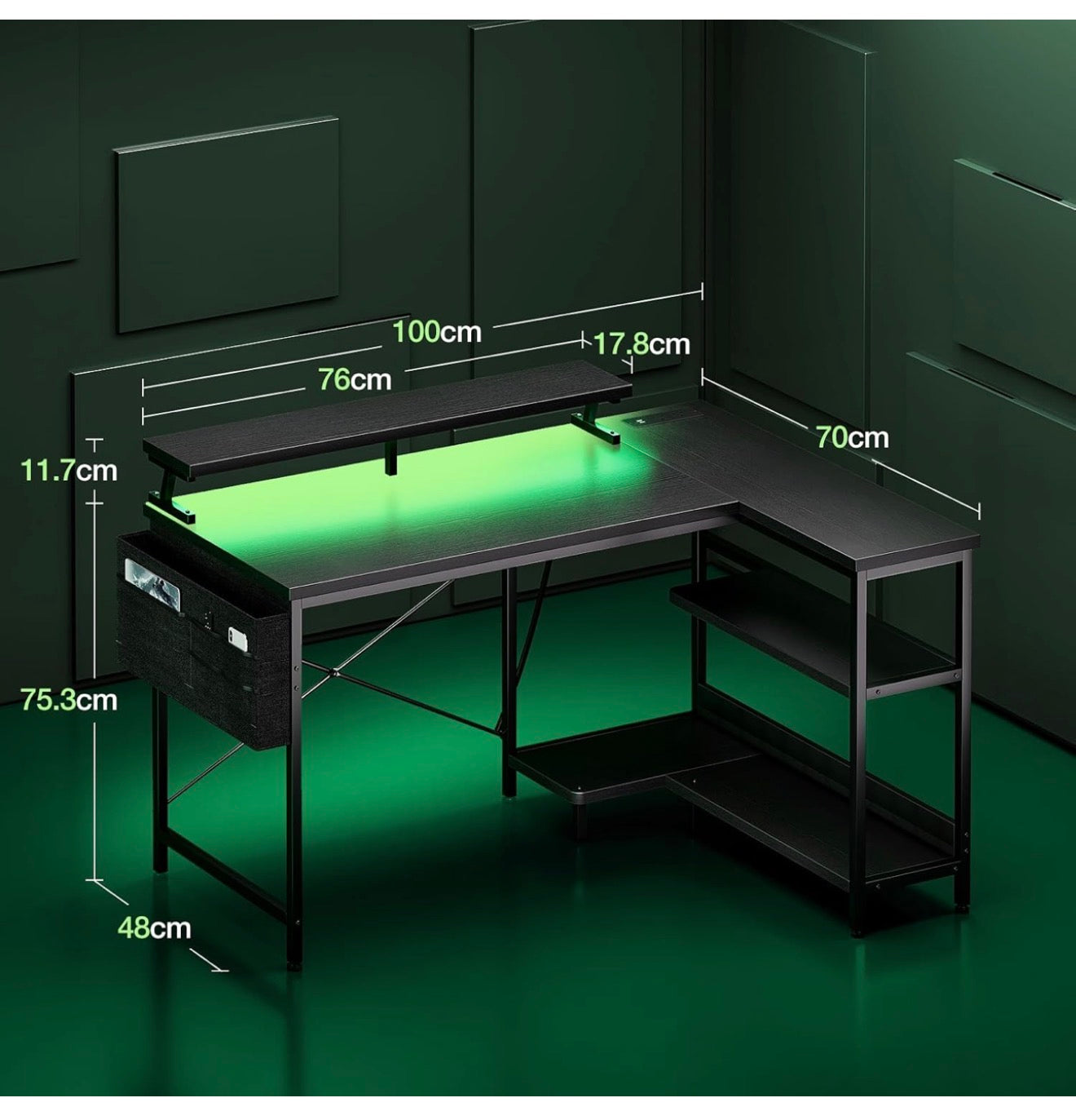 L Shaped Gaming Desk with LED Lights & Power Outlet, 100x70 cm
Carbon Fiber Black Computer Desk with Shelves for Small Spaces, Corner Gaming Table with Monitor Stand for Work Play Office