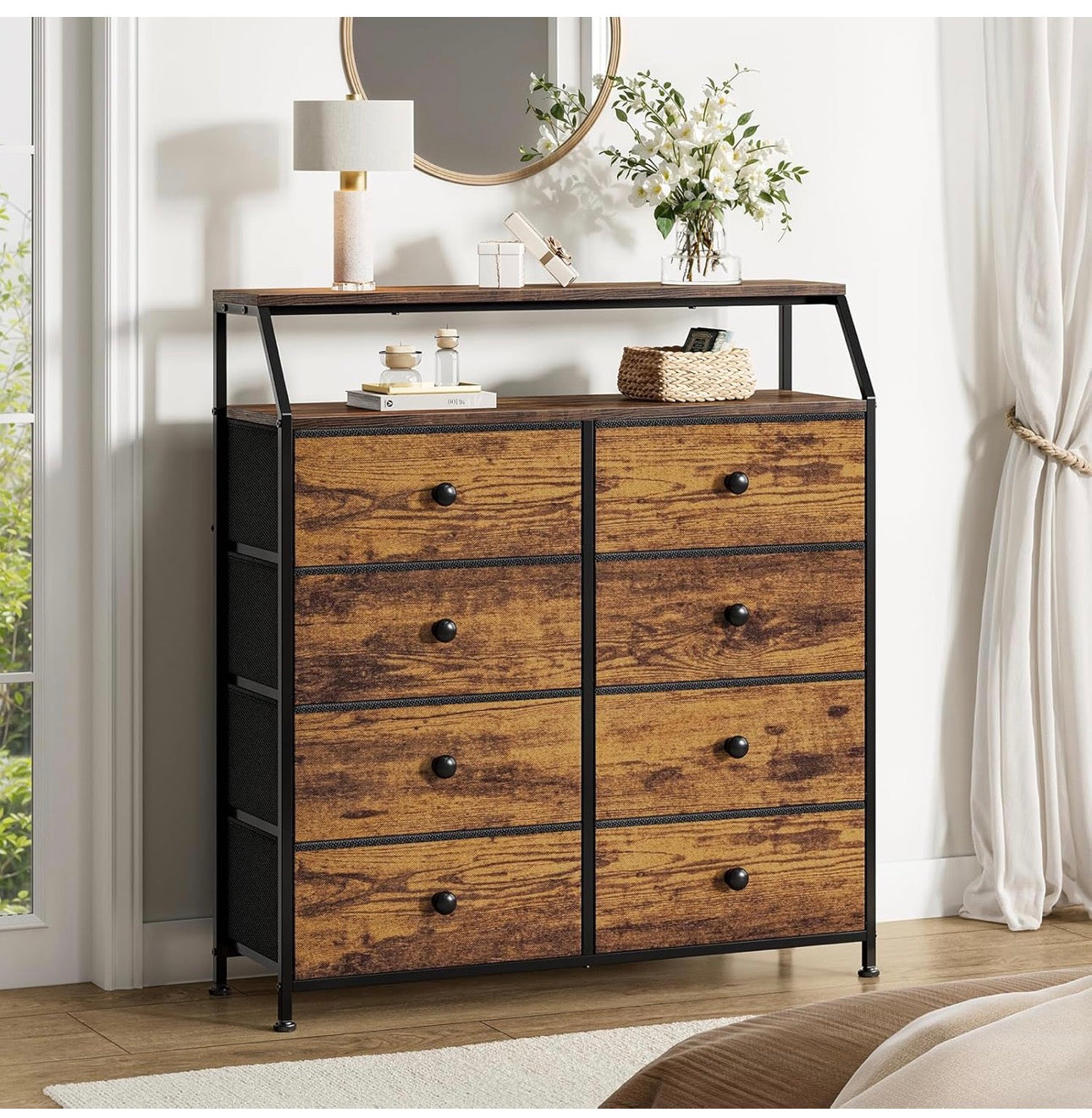 Chest of Drawers with 8 Drawers, Rustic Brown Dresser for Bedroom with Shelf and 2Pcs Wooden Top, Large Storage Organizer Unit for Closet, Living Room, Entryway