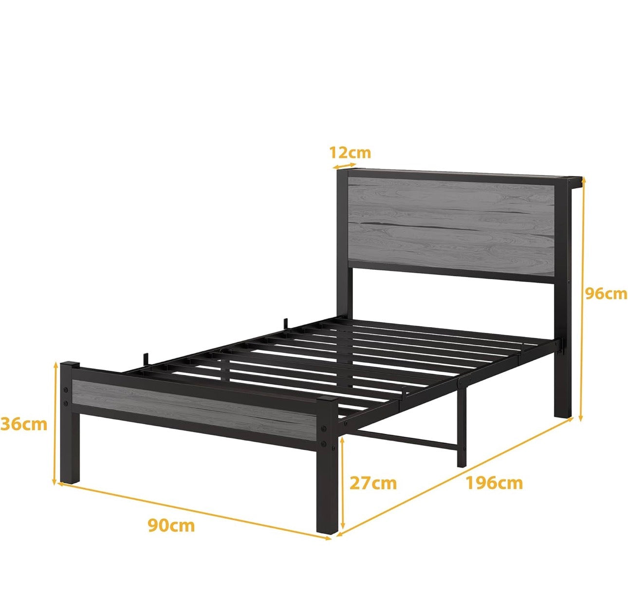 Wooden Single Bed Frame with Storage Headboard Shelf, 3FT Metal Bed Frame Single Bed Base