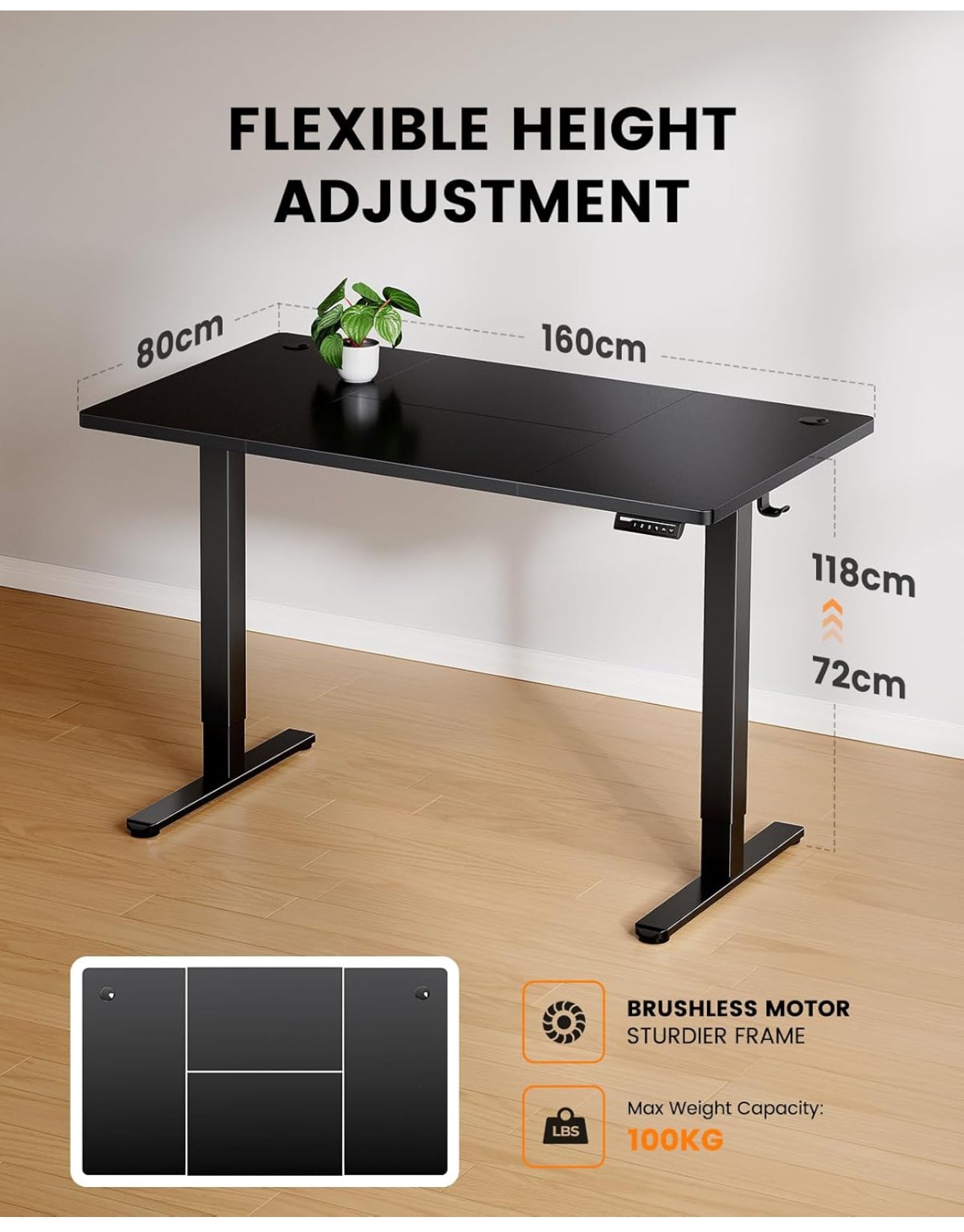 Electric Standing Desk with Advanced Brushless Motor, 160 x 80 cm Height Adjustable Desk