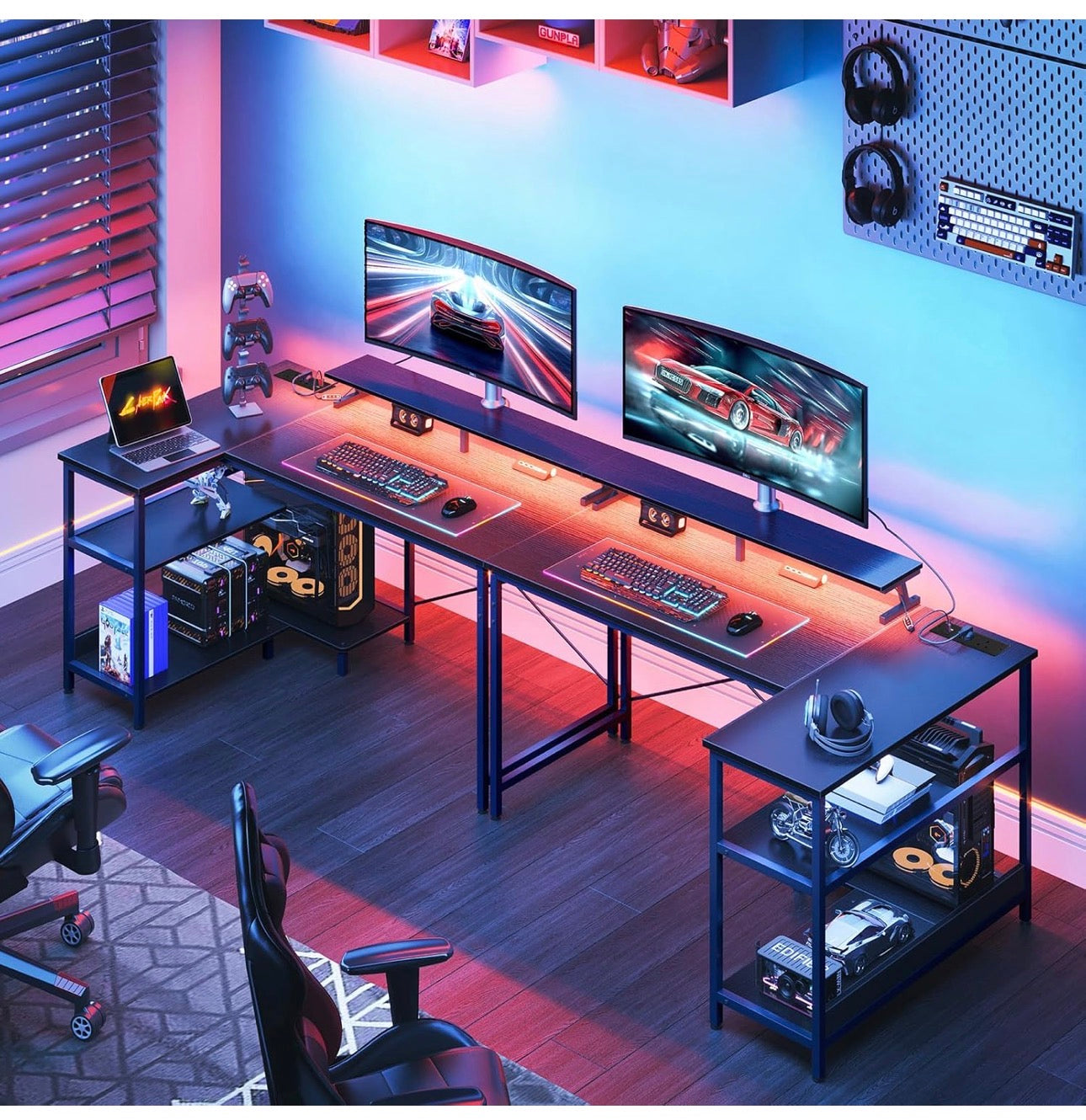 L Shaped Gaming Desk with LED Lights, 120 × 80 cm Computer Desk with Power Outlet, Reversible Corner Gaming Table with Storage Shelves & Monitor Stand, Black