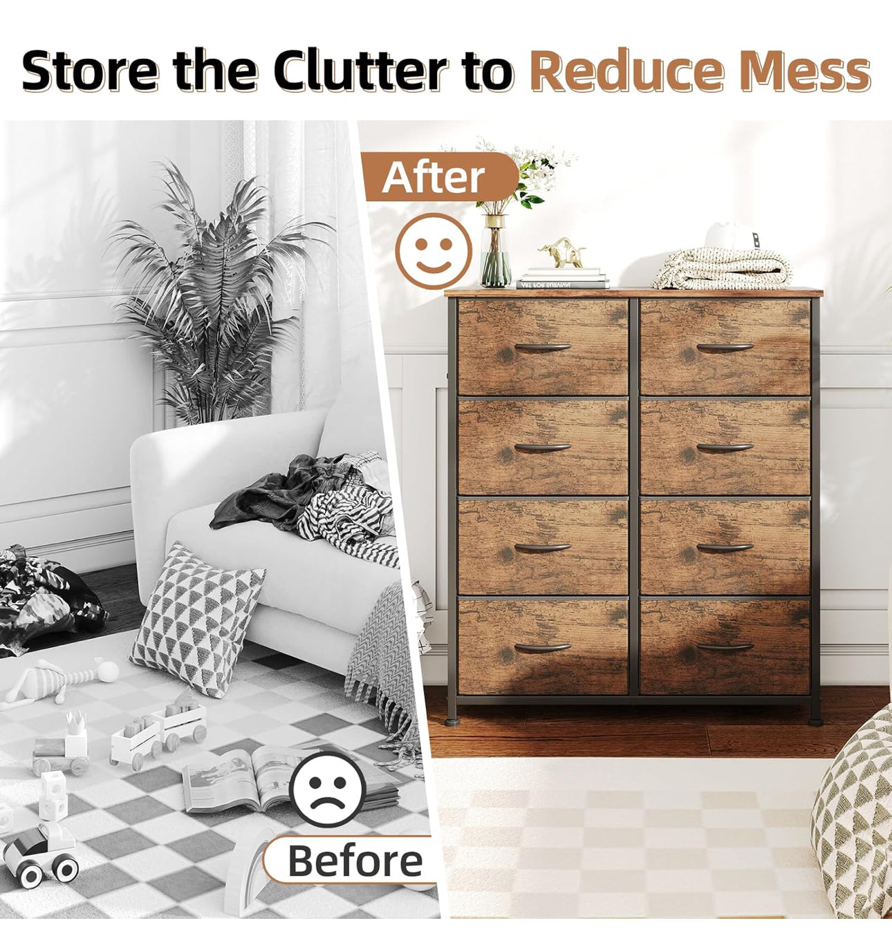 8 Drawers Chest of Drawers, Fabric Storage Dresser Vertical with Spacious Wooden Tabletop