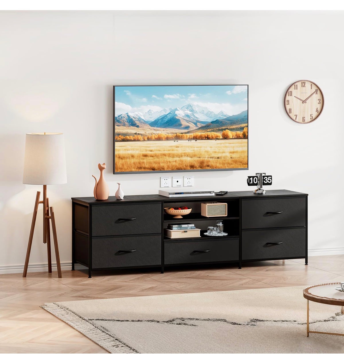 TV Stand Cabinet, TV Unit with 5 Drawers, 140 cm, All Black
TV Console Table with Storage Organizers, Entertainment Center with Open Shelf for Living Room, Bedroom