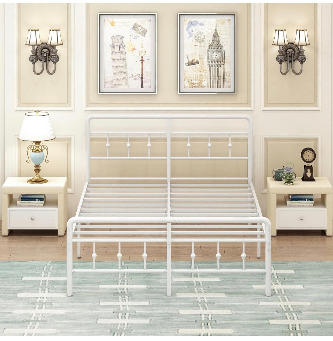4ft6 Double Bed Frame with Headboard and Footboard, Metal Double Bed Frame Under Bed Storage 36cm