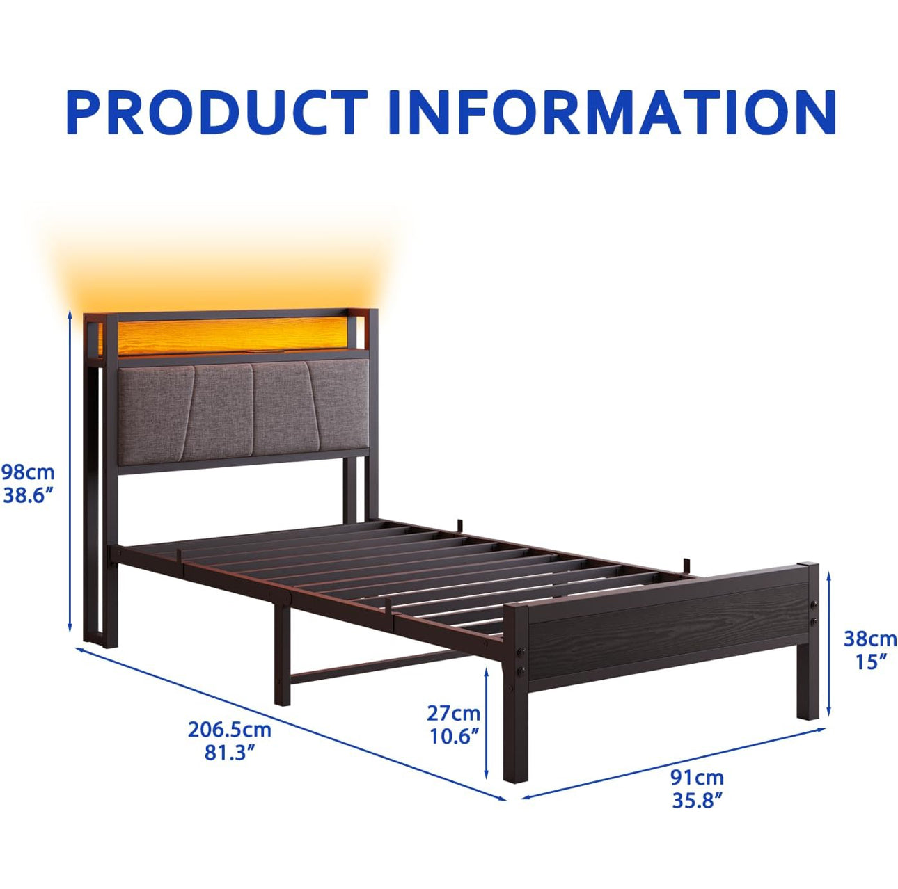 3ft Single Bed Frame with Storage Headboard,LED Lights,Metal Upholstered Platform Bed Frame with Charging Station