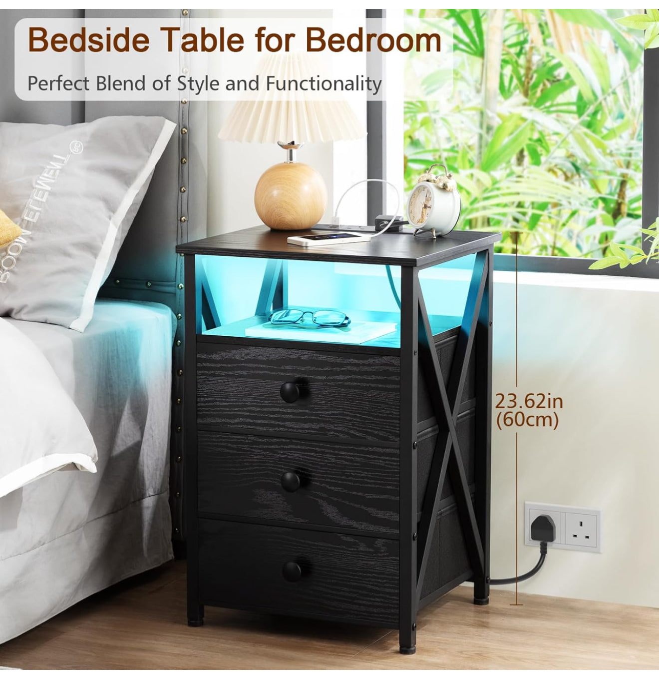 Bedside Table Set of 2 with Charging Station Black