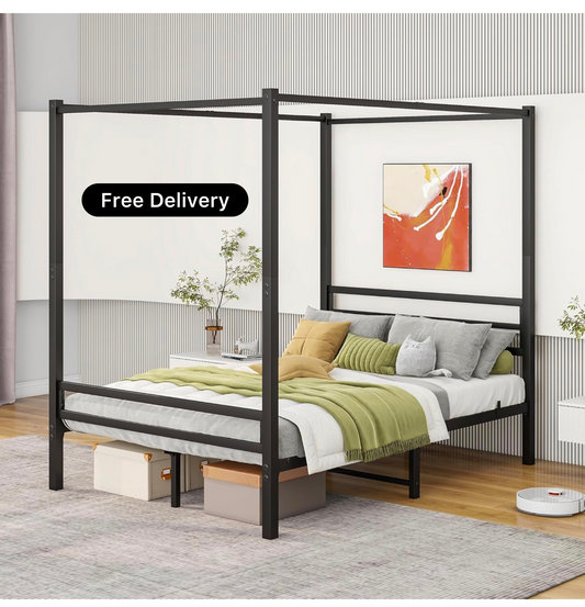 4FT6 Double Canopy Bed Frame, 136x200cm Bed Frame Platform with Headboard, Heavy Duty Metal Vintage Bed Frame Double Size, Platform Mattress Foundation, Noise Free, Easy Assembly, Black