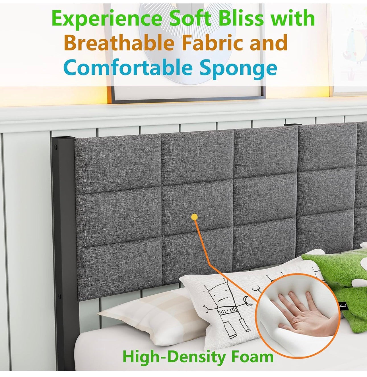 5ft King Size Bed Frame with Headboard,Metal Bed Frame Kingsize Bed Upholstered Platform Bed with Steel Slat Support,No Box Spring Needed,Easy Assembly,Noise Free,Grey Linen