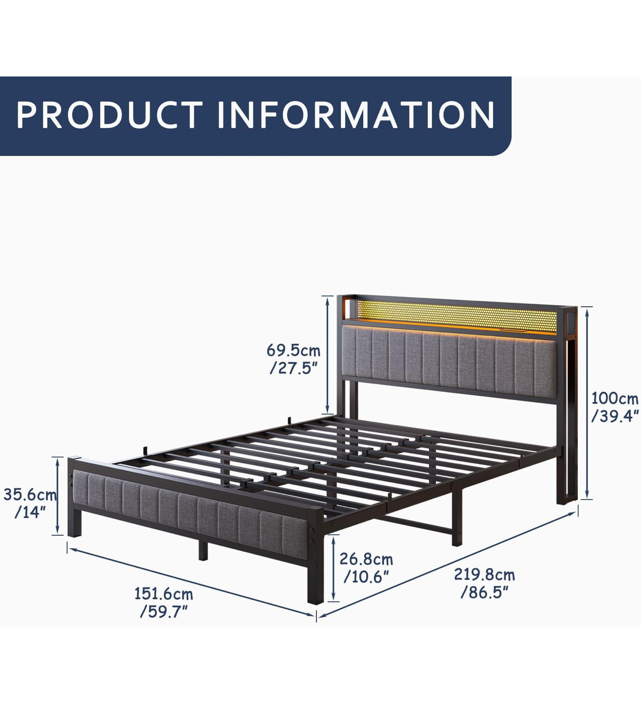 King Size Bed Frame with Upholstered Headboard, Wooden Storage Headboard Shelf, 5ft Upholstered Bed Frame Kingsize with Charging Station/USB Ports and LED Lights