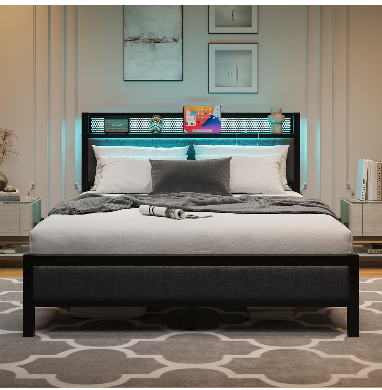 Upholstered Bed Frame Double Bed with Charging Station