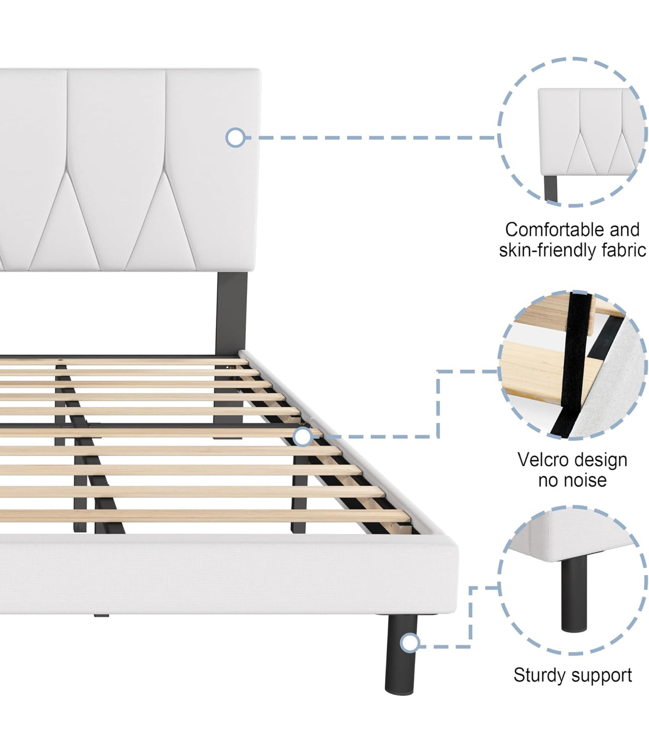 King Bed Frame, White, Upholstered Wooden Slat