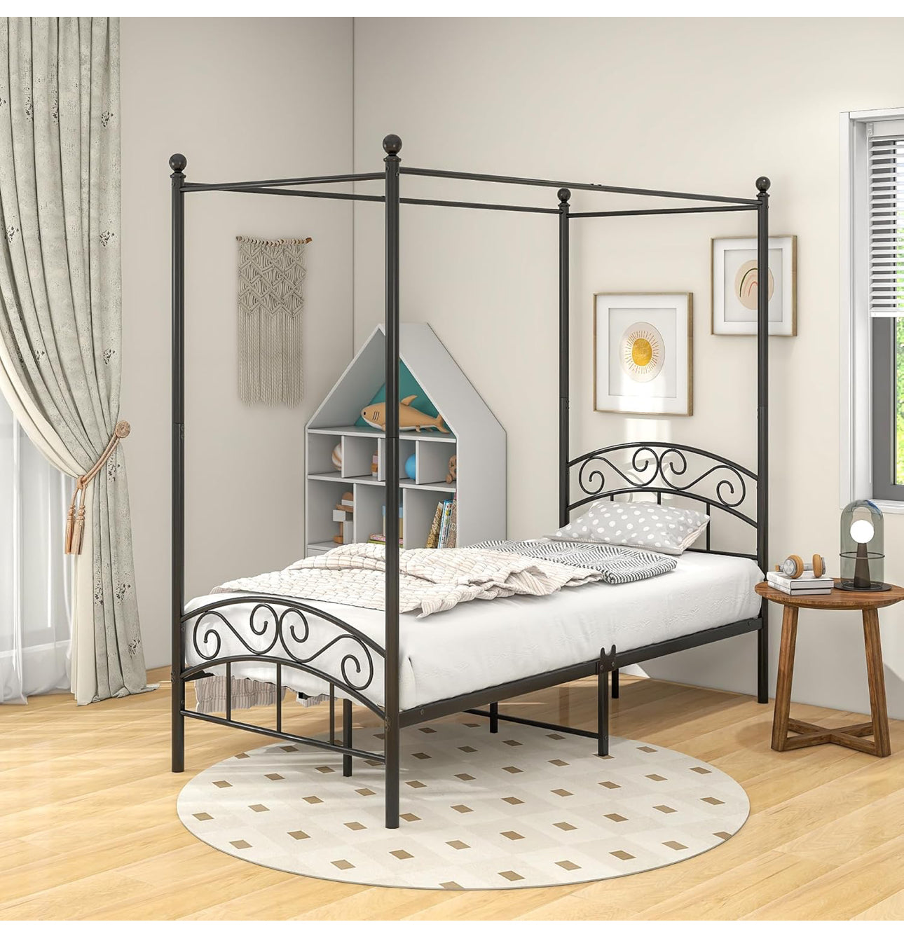 Canopy Bed Frame 3ft Single Size with Ornate European Style