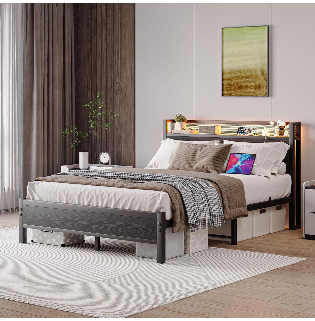 King Size Bed Frame with Storage,LED Lights,5ft Metal Bed Frame Kingsize Bed Frame with Charging Station,Mattress Foundation,Strong Steel Slats Support,Noise Free,Black