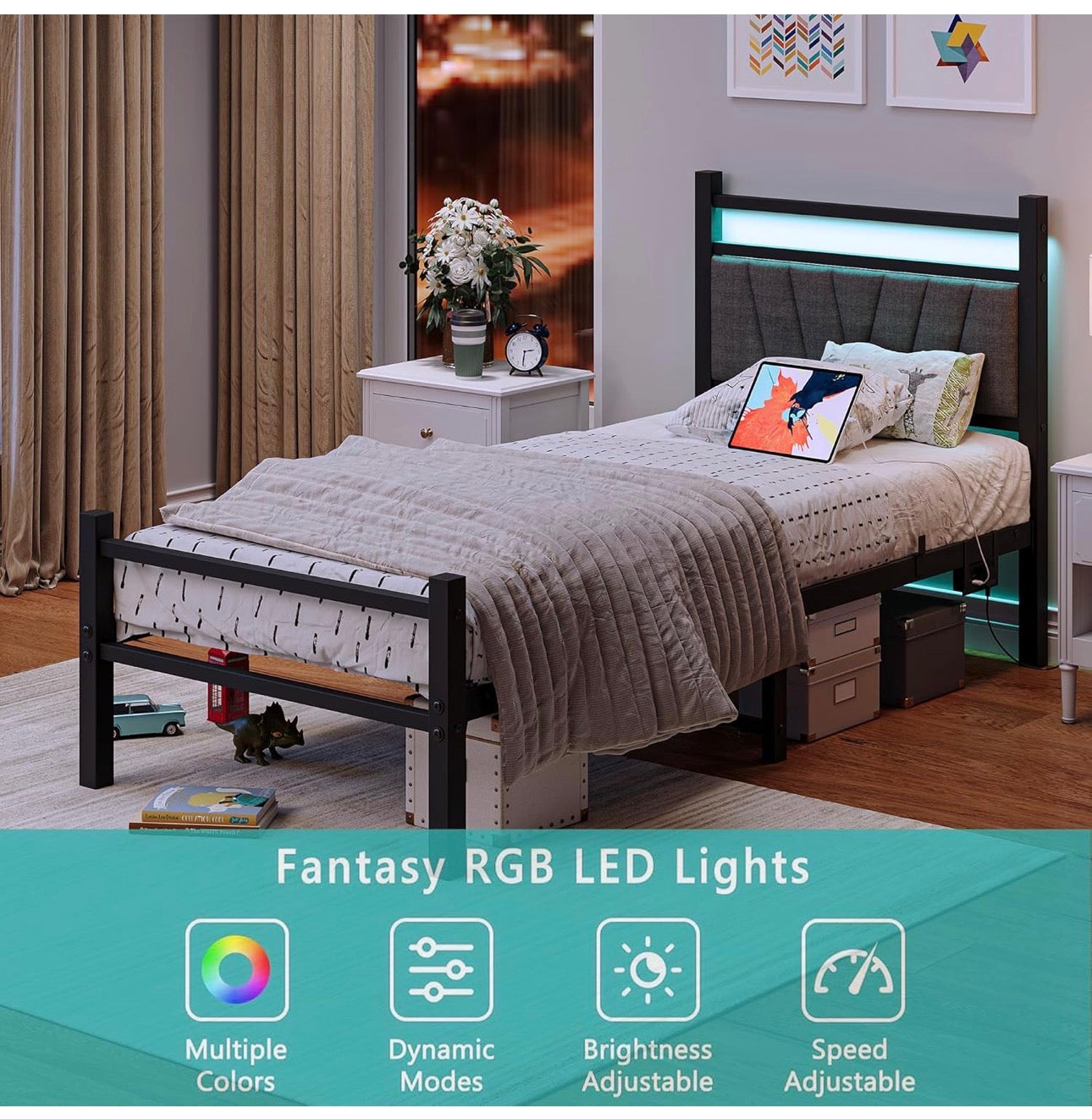 Bed frame with Headboard and USB Charging Station,Heavy Duty Bed Single Size with LED Lights