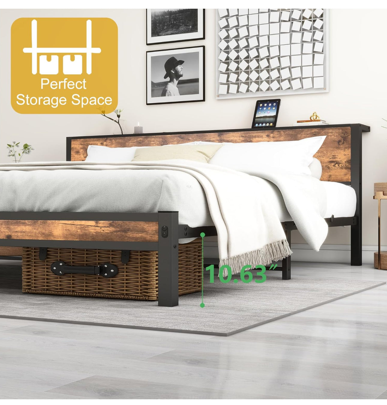 Double Bed Frame with Wooden Storage Shelf Headboard
