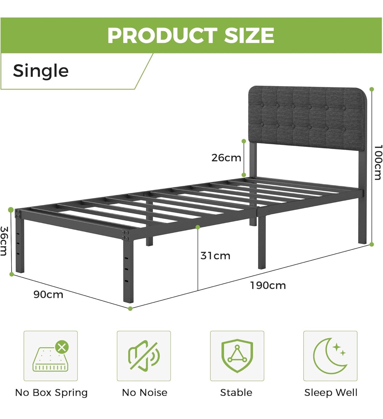 3ft Single Bed Frame with Upholstered Headboard and Footboard, 36cm High Metal Bed Frame Single 90x 190cm