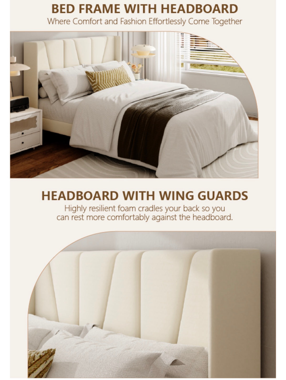 Upholstered Platform Bed Frames, Contemporary Mattress Foundation, No Box Spring Needed, Noise Free, Easy Assembly, Beige