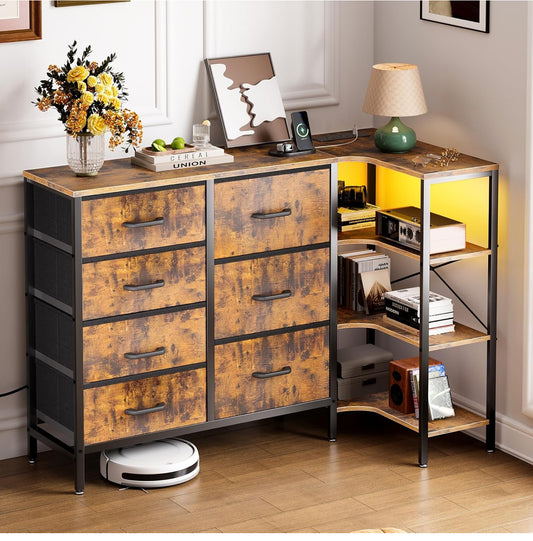 Corner Chest of Drawers Bedroom, Storage Dresser with 7 Fabric Drawers - 2 USB and 2 AC Outlets and LED,