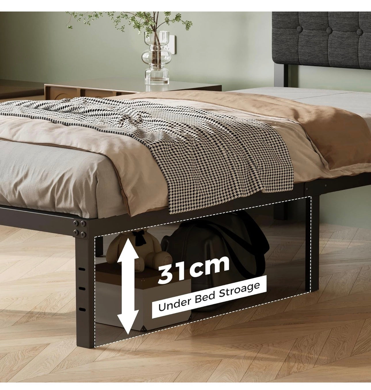 3ft Single Bed Frame with Upholstered Headboard and Footboard, 36cm High Metal Bed Frame Single 90x 190cm