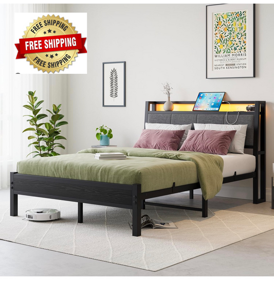 Bed Frame, 4FT6 Bed Frame Ergonomics Double with Charging Station and LED Lights, Heavy Duty Platform Full Bed with Fabric Storage Sloped Headboard, No Box Spring Needed, (Black)