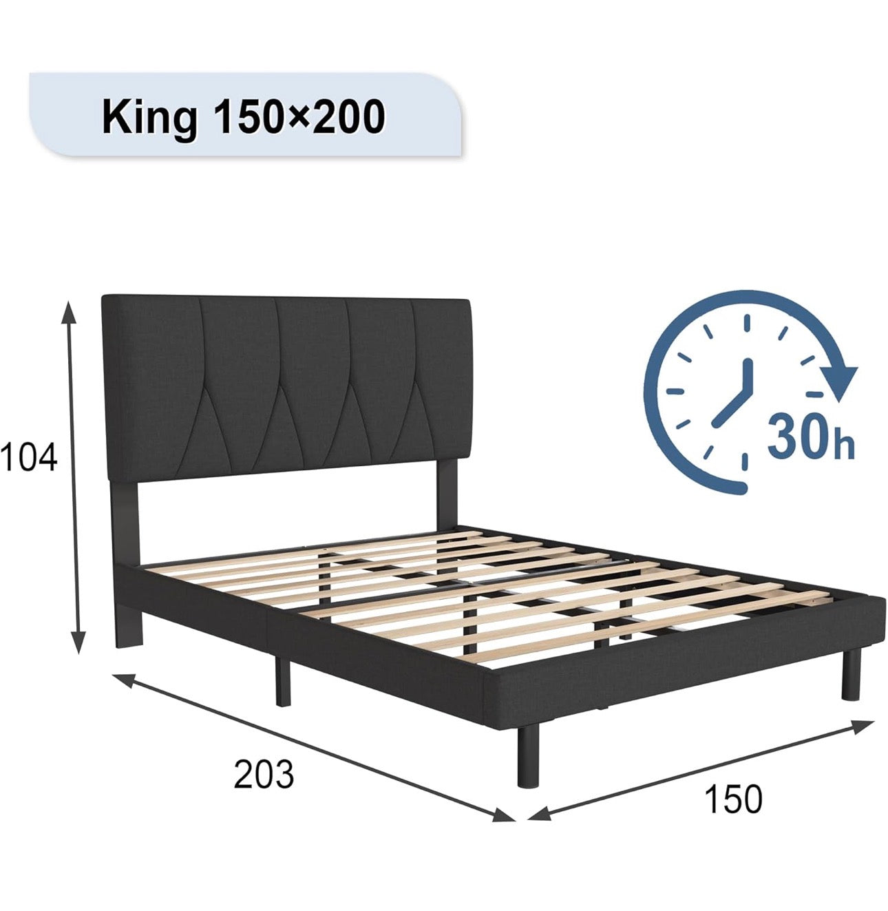 King Bed Frame, Black, Upholstered Wooden Slat Bed Frame with Headboard, Easy Assembly, Underbed Storage, No Box Spring Needed 150×200