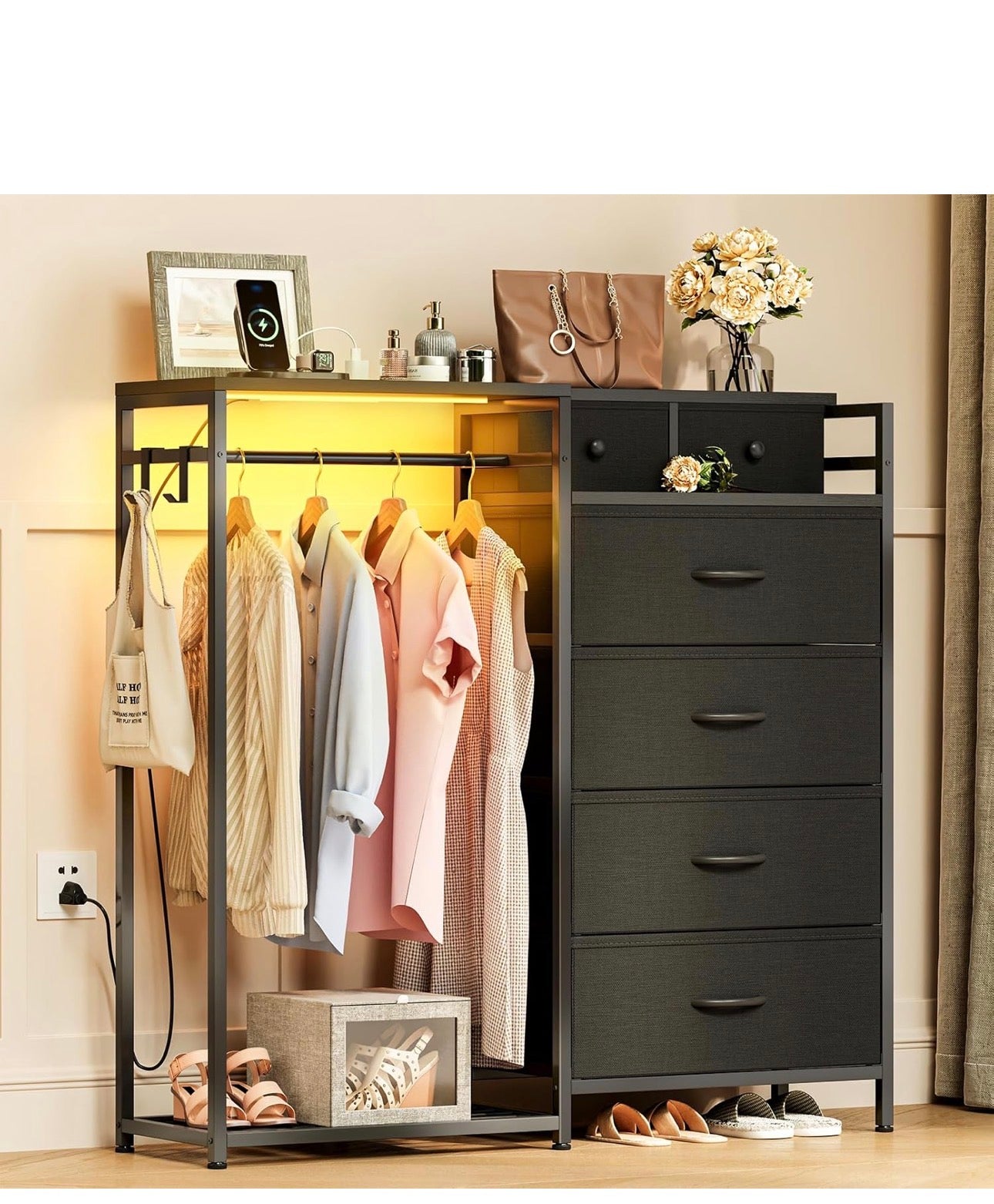 Chest of Drawers Bedroom with Hanging Rail, Built-in LED Lighting and Power Socket