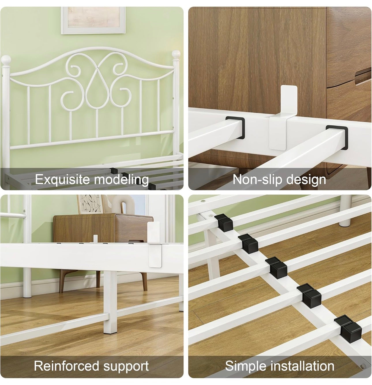4ft6 Double Bed Frame with Headboard and Footboard Metal Bed Frame Double Mattress Foundation No Box Spring Needed/Easy Assembly/Bedstead Base/White