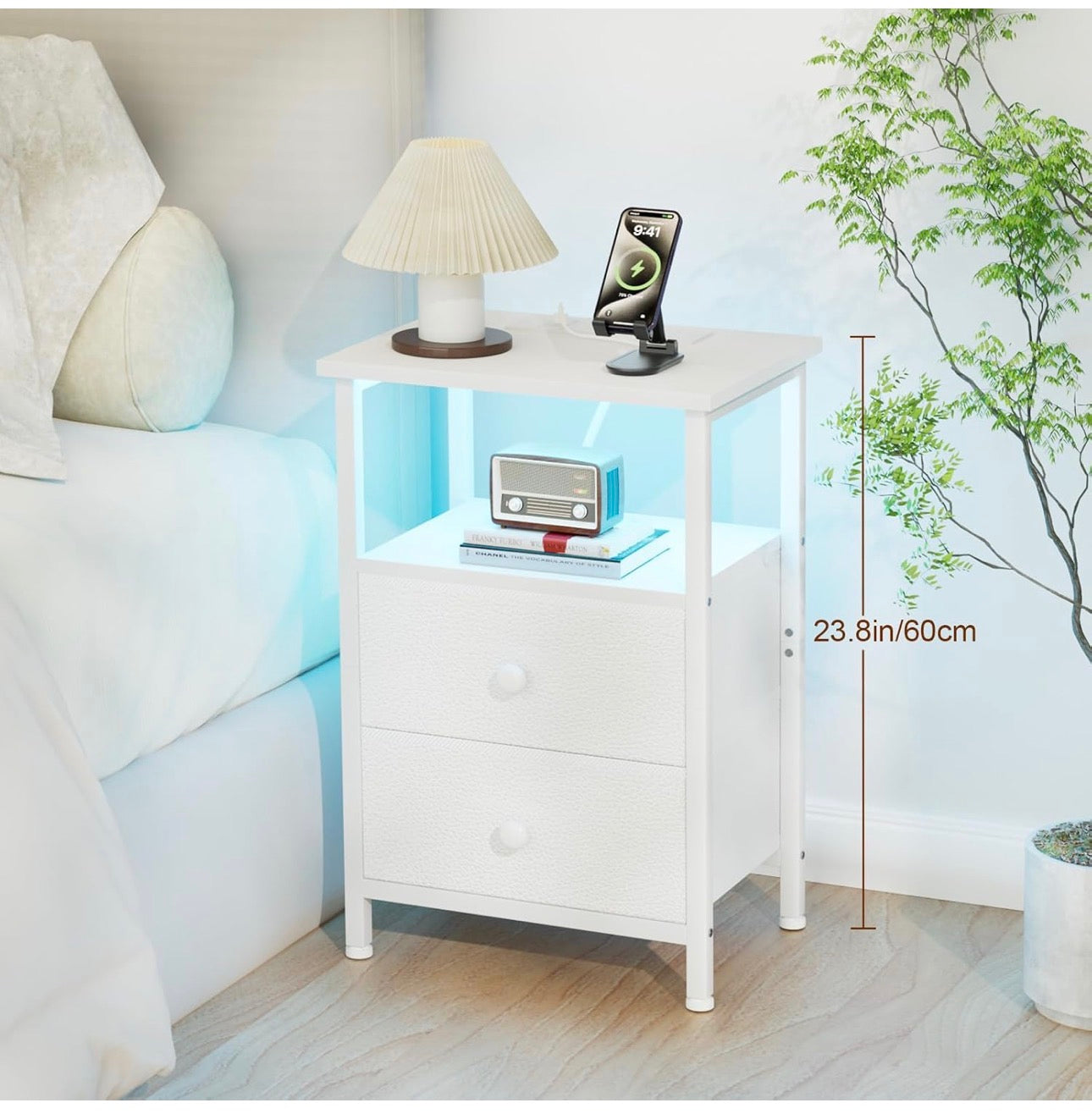 Bedside Table with Charging Station, Side Table with LED Light, Nightstand with 2 Fabric Drawers and Open Storage Shelf, Small Bedside Cabinet for Living Room, Bedroom, White