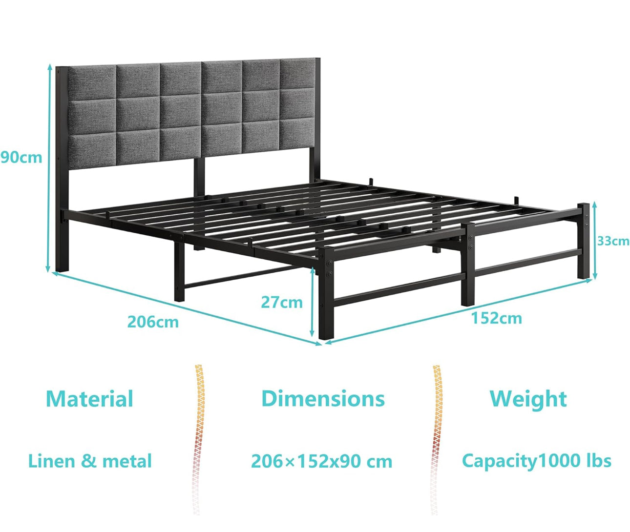 5ft King Size Bed Frame with Headboard,Upholstered Platform Bed Frame King Size