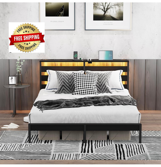 5ft King Bed Frame with Charging Station and LED Lights, Heavy Duty Metal Platform King 150x200 cm Bed Frame with Wood Storage Headboard, No Box Spring Needed, Noise Free, Black