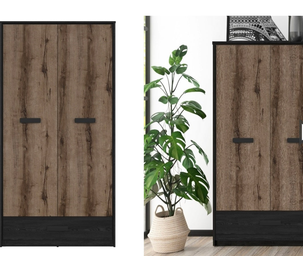 Double Wardrobe with Drawer Hanging Rail 2 Door Storage Unit Oak/Black Effect