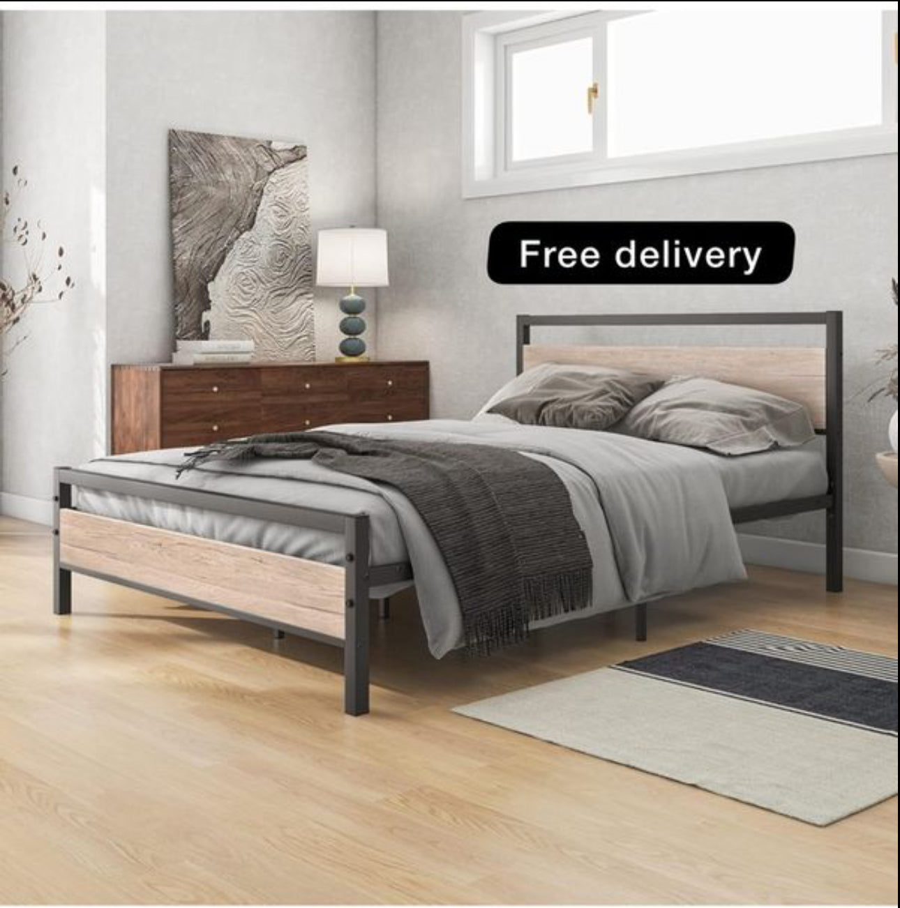 4ft6 Double Bed Frames with Wood Headboard