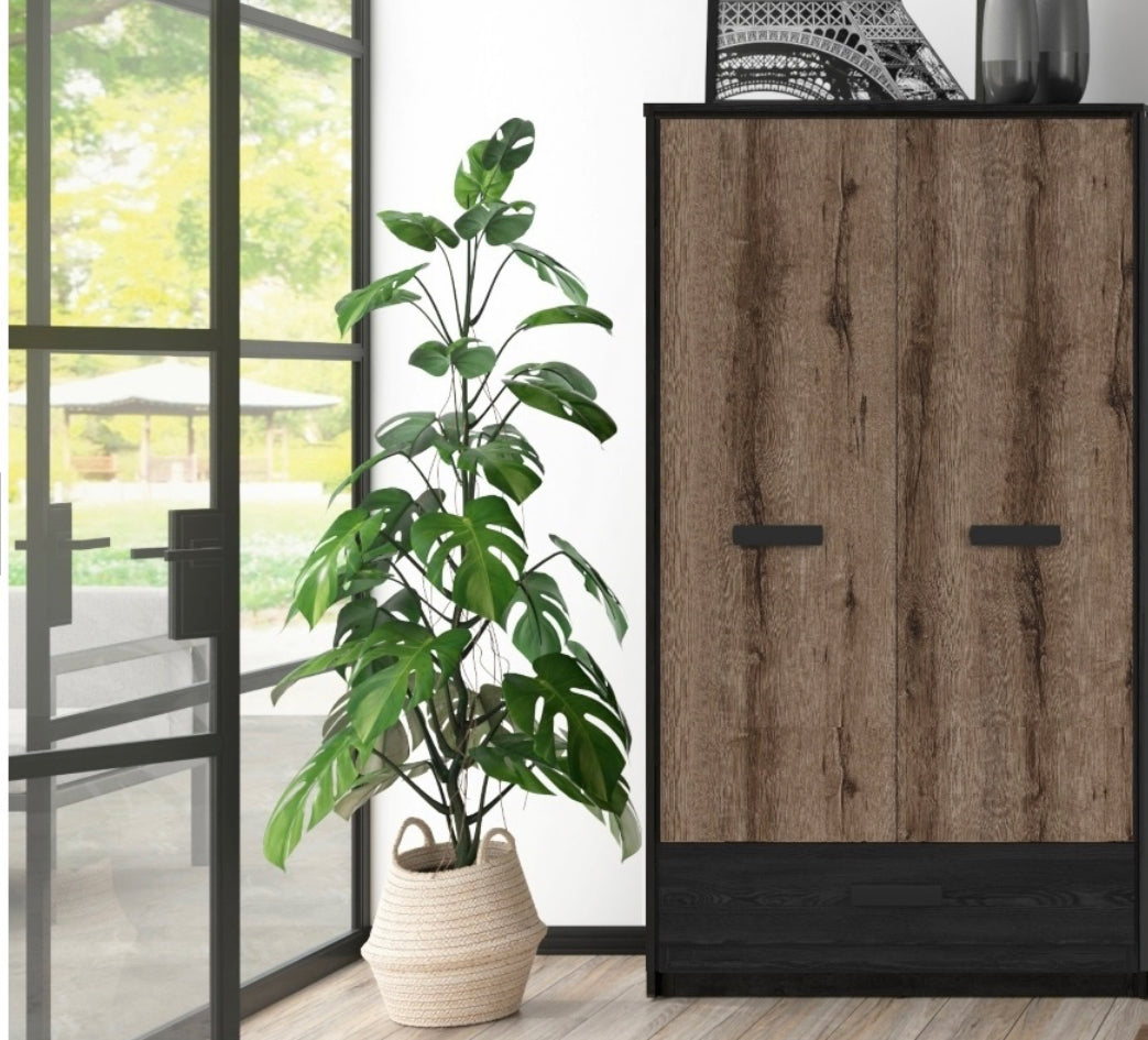 Double Wardrobe with Drawer Hanging Rail 2 Door Storage Unit Oak/Black Effect