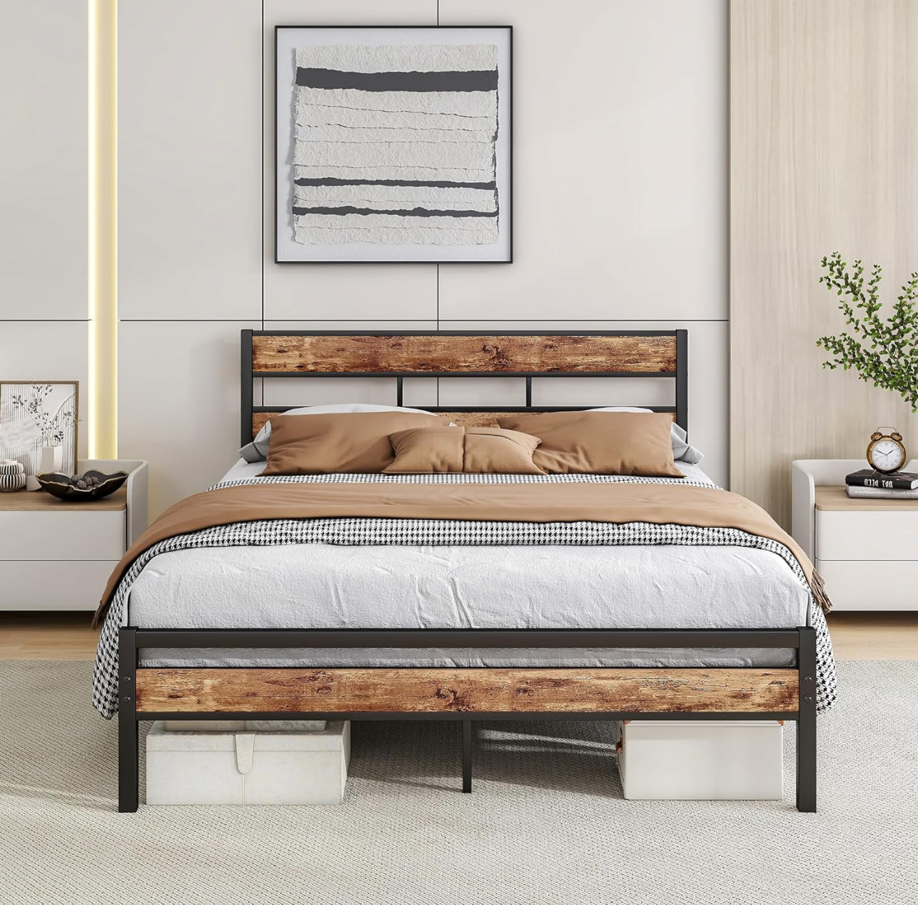 Double Bed Frame with Wood Headboard