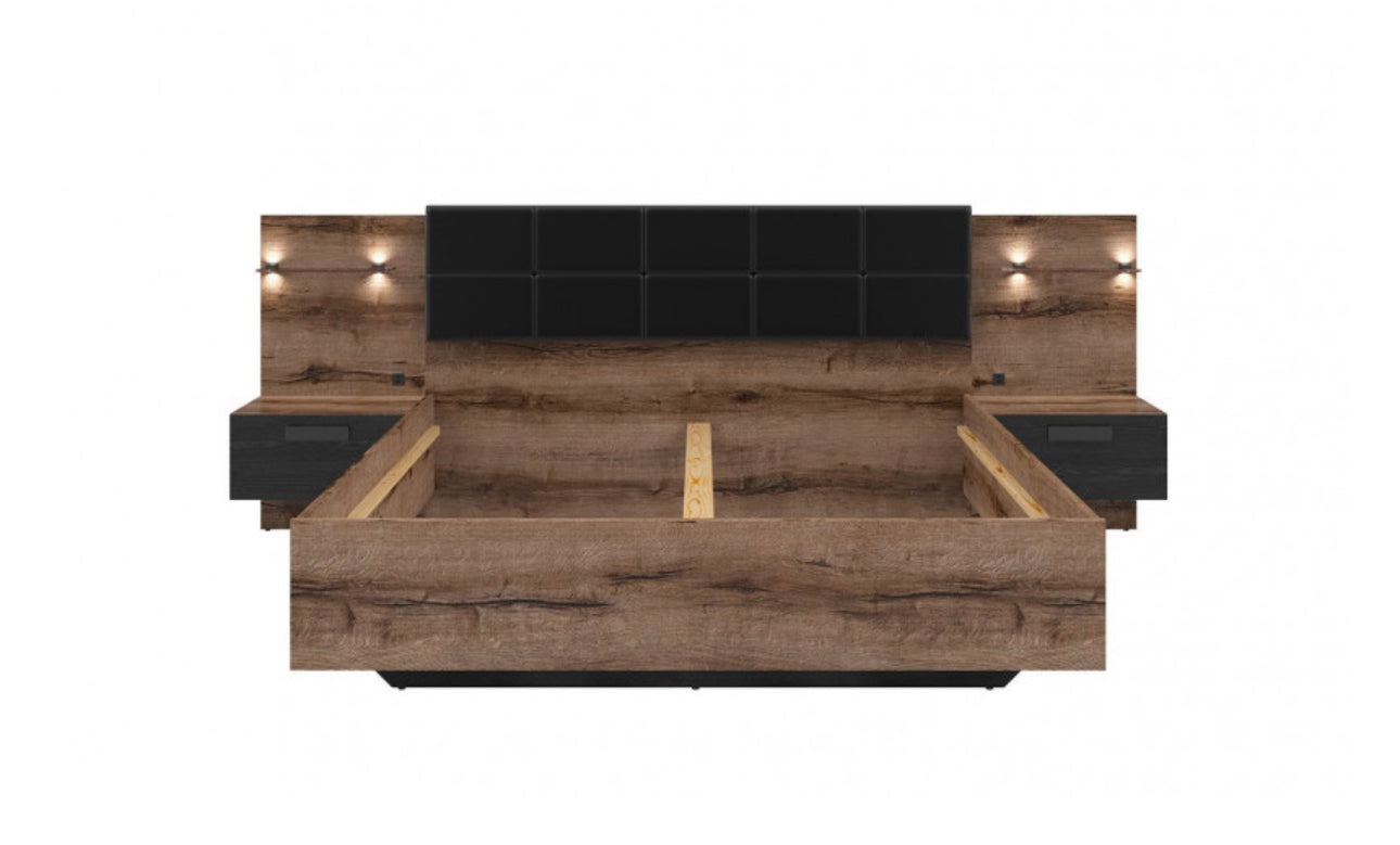 King Size Bed Euro Frame Built-in Bedside Cabinets USB LED Lights Oak/Black