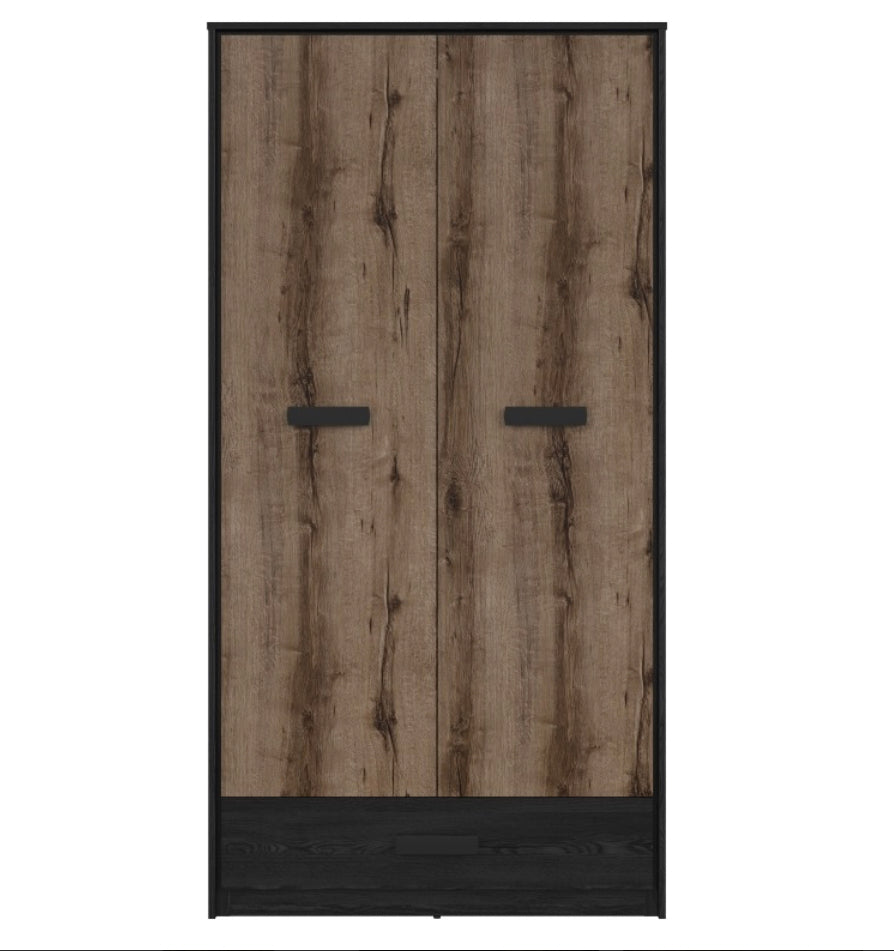 Double Wardrobe with Drawer Hanging Rail 2 Door Storage Unit Oak/Black Effect