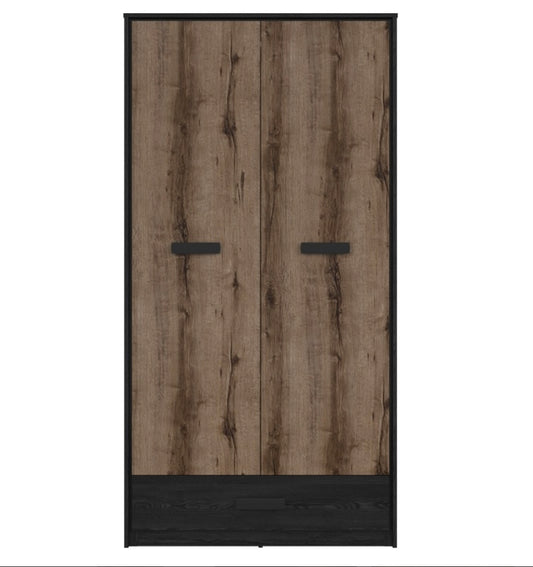 Double Wardrobe with Drawer Hanging Rail 2 Door Storage Unit Oak/Black Effect
