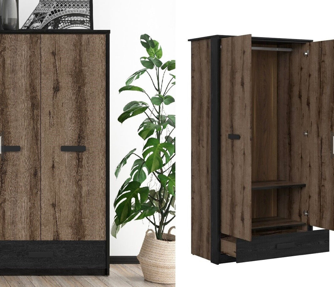 Double Wardrobe with Drawer Hanging Rail 2 Door Storage Unit Oak/Black Effect