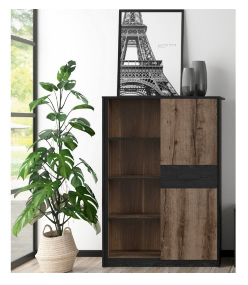 Bookcase Shelf Unit Compact Storage 1 Door 100cm Display Shelving Cabinet Oak/Black Effect