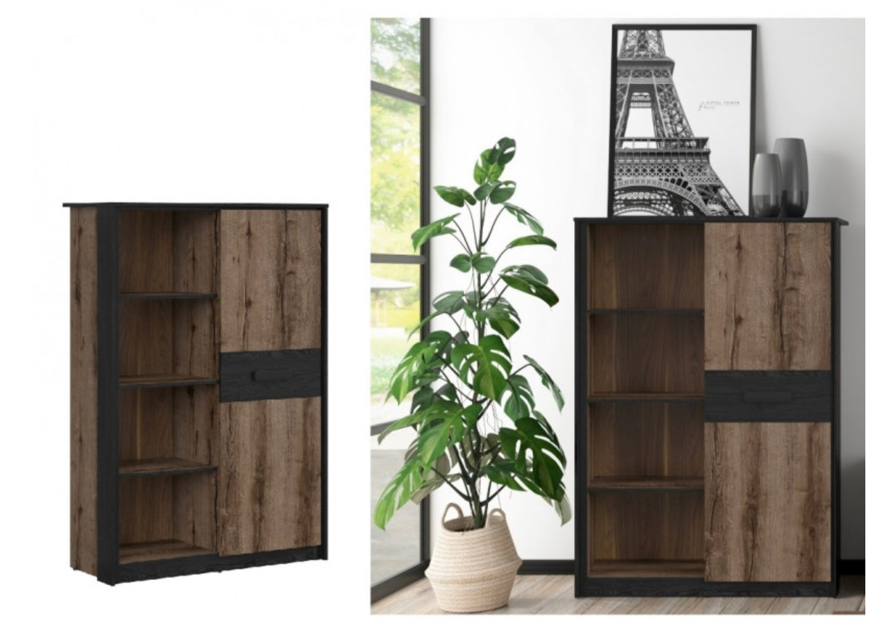 Bookcase Shelf Unit Compact Storage 1 Door 100cm Display Shelving Cabinet Oak/Black Effect