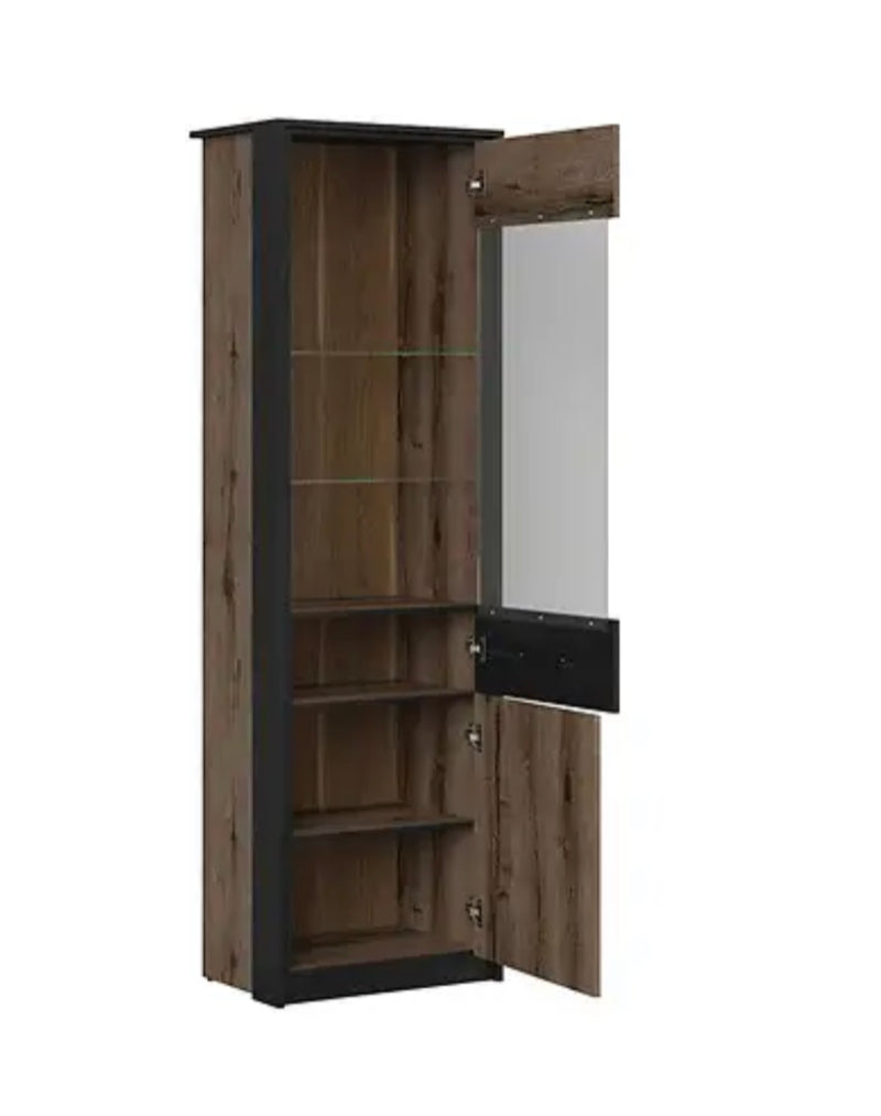 Tall Glass Display Cabinet Slim Shelf Unit Buffet LED Lights Oak/Black Effect