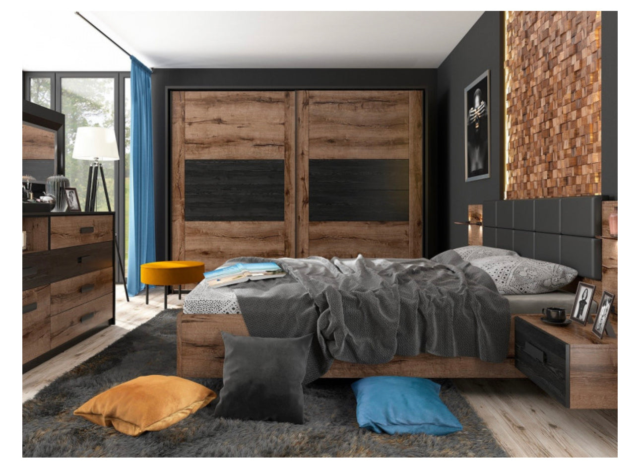 King Size Bed Euro Frame Built-in Bedside Cabinets USB LED Lights Oak/Black